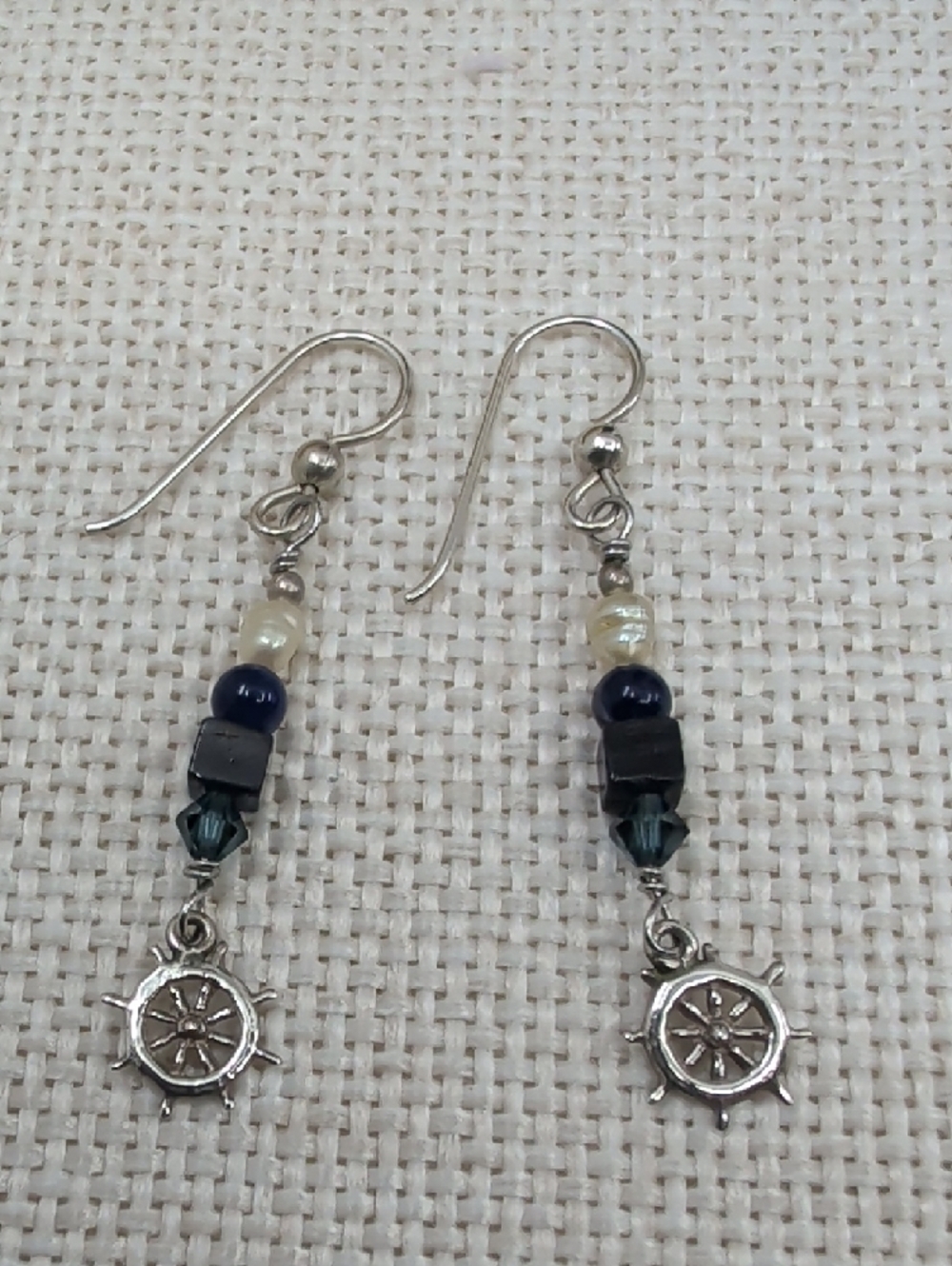 Sterling Silver Nautical Wheel Dangle Earrings with Navy and Pearl Beads - Picture 7 of 17